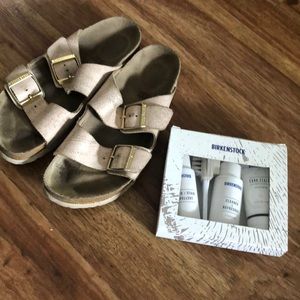 Pink metallic Birkenstocks with Birk shoe care kit